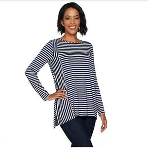 Lisa Rinna Navy and White Stripe Long Sleeve Round Neck Tunic Tshirt Size: Med